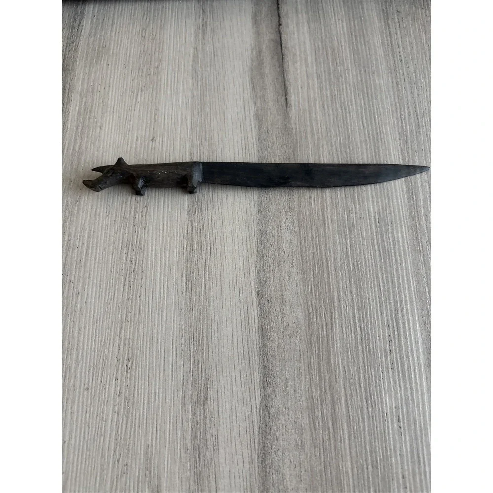 Vintage Hand Carved African Ebony‎ Wood Rhinoceros Figure Letter Opener 8